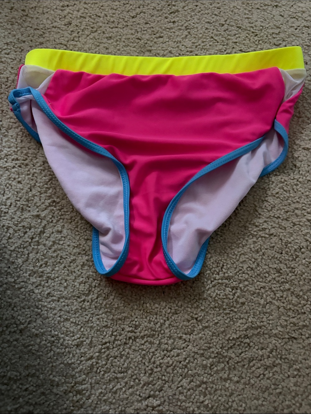 Amazon Girls Bright Pink Bikini Bottoms with Neon Yellow Waistband and Blue Trim